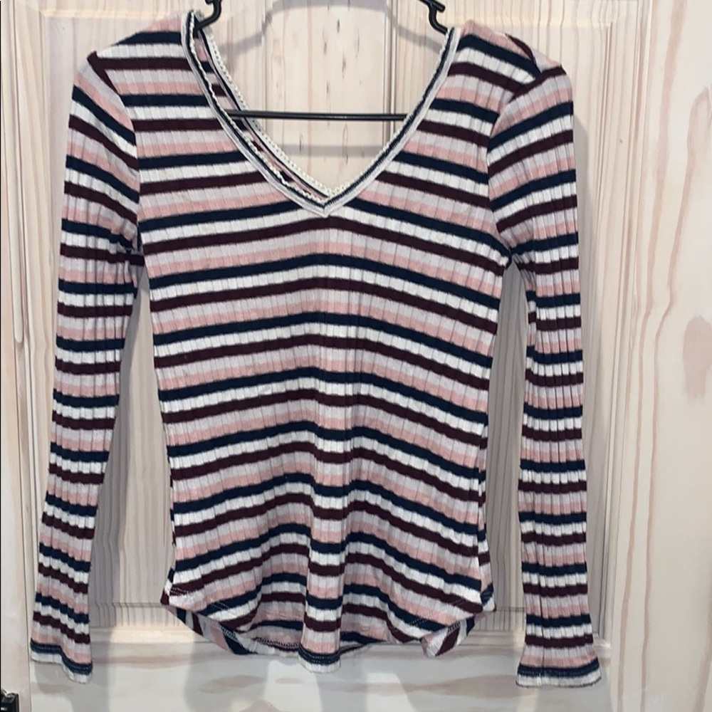 American Rag Striped Ribbed V-Neck Long Sleeve Top in Pink, Black & White